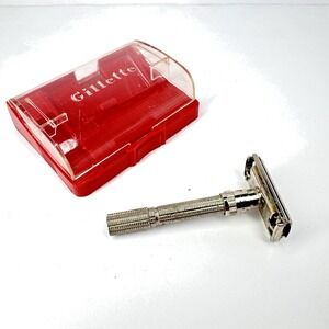 Gillette Vintage Adjustable Safety Razor Twist To Open TTO W/ Red Plastic Case